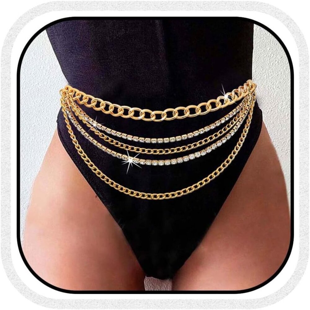 Rhinestone Waist Chain Layered Metal Belt Crystal Belly Body Chain for Women